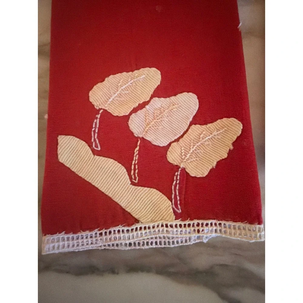 Cocktail Napkins Red Vintage Embroidered Leaf Lace Trim Set of 4 MCM